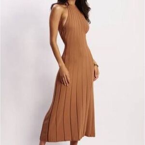 Meshki Adrienne Tan Halter Knit Neck Dress